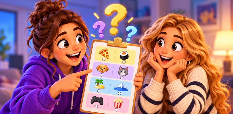 Two friends take a friendship quiz with picture choices on a quiz board